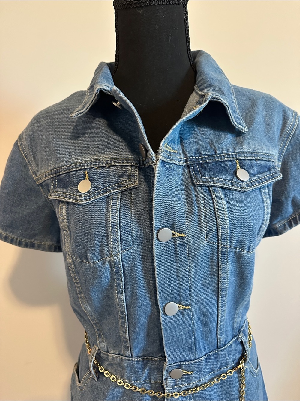 Denim Short-Sleeve Romper Jumpsuit - Blue - Picture 3 of 4